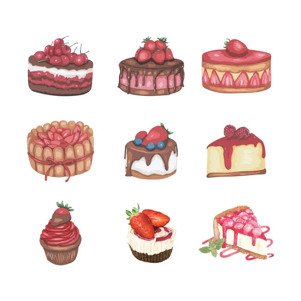 Υδατογραφία Στυλ Διανυσματική Απεικόνιση Διάφορα Γλυκά Χρησιμοποιώντας Φράουλες — Διανυσματικό Αρχείο