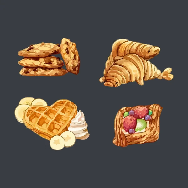 Állítsa Finom Édességek Desszertek Akvarell Vektor Illusztráció Csokis Süti Croissant — Stock Vector