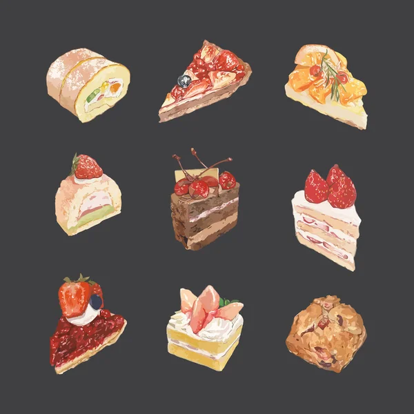 Набор Вкусных Сладостей Десертов Акварельной Векторной Иллюстрацией — стоковый вектор