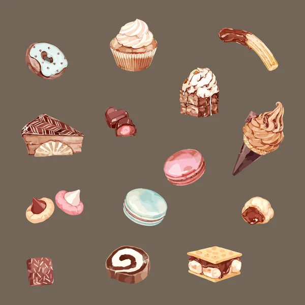 Επιδόρπιο Σετ Υδατογραφία Εικονογράφηση Των Γλυκών Τροφίμων — Διανυσματικό Αρχείο