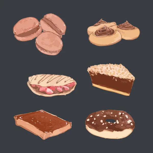 一组巧克力小吃 马卡龙饼干派巧克力果酱甜甜圈手绘水彩画矢量图 — 图库矢量图片
