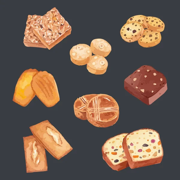 Набор Вкусных Печенье Акварельные Векторные Иллюстрации — стоковый вектор