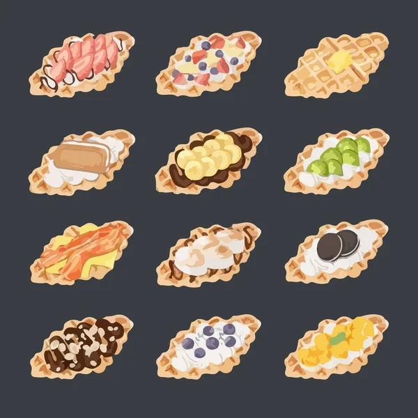 Croffle Croissant Gaufre Pâtisserie Coréenne Croffle Avec Différentes Garnitures Sucrées — Image vectorielle