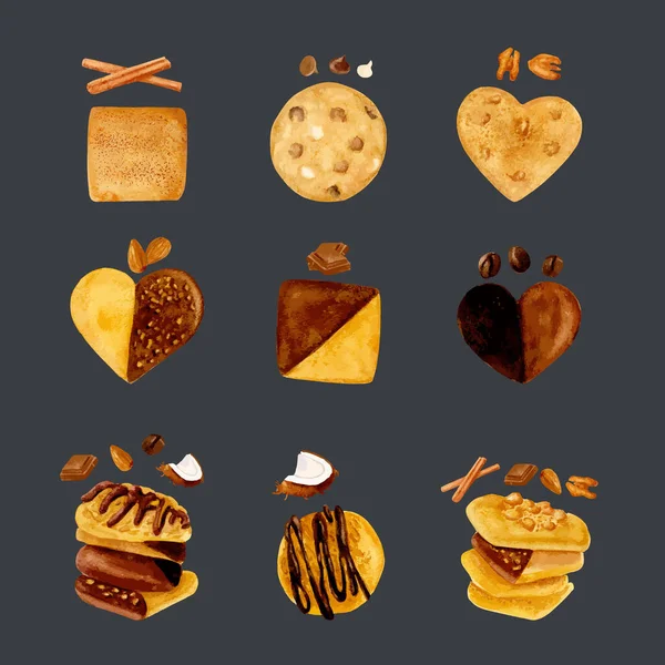 Conjunto Cookies Ilustración Vectorial Acuarela Dibujado Mano — Vector de stock