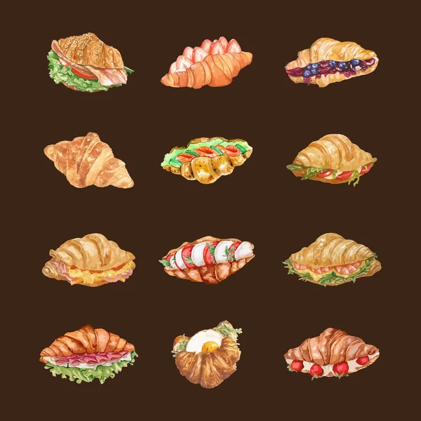 Uppsättning Croissant Smörgåsar Akvarell Stil Vektor Illustration — Stock vektor