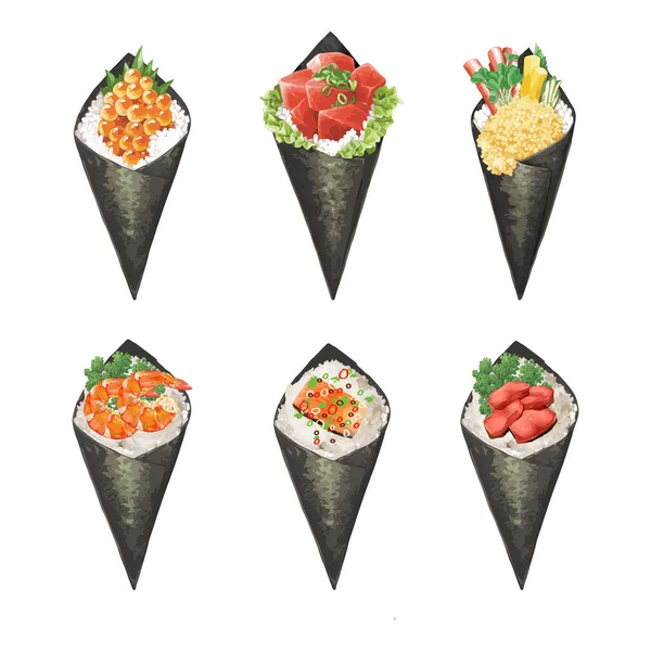 Set Delicious Temaki Atau Cone Sushi Dengan Berbagai Topping Masakan - Stok Vektor