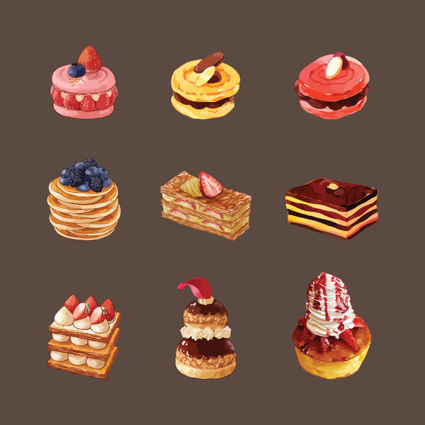 Set of delicious sweets and desserts with watercolor vector illustration.
