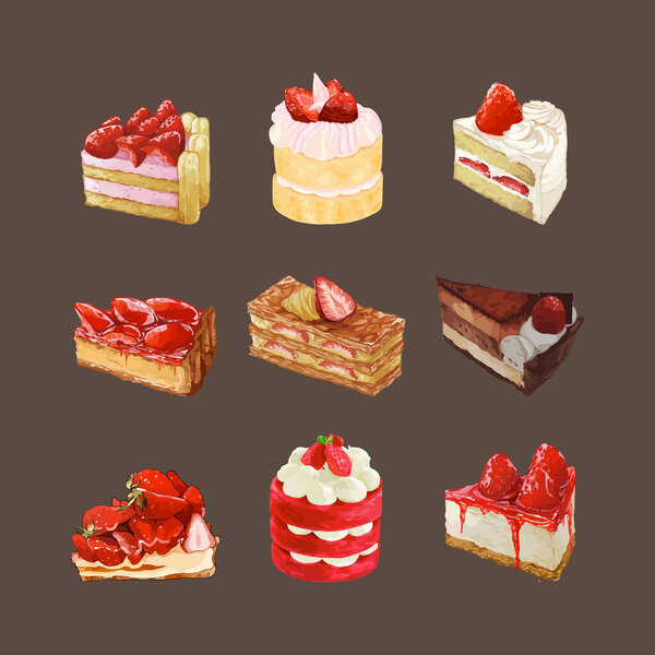 Chocolate dessert set with watercolor vector illustration