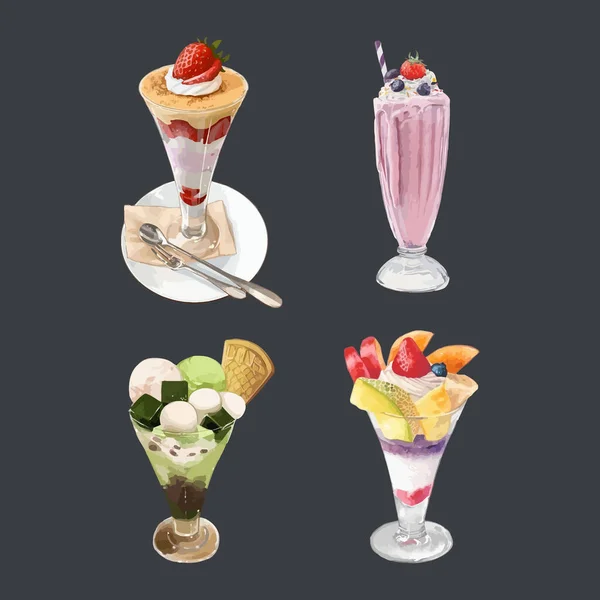 Ensemble Illustration Vectorielle Aquarelle Fruits Dessert Dans Verre — Image vectorielle