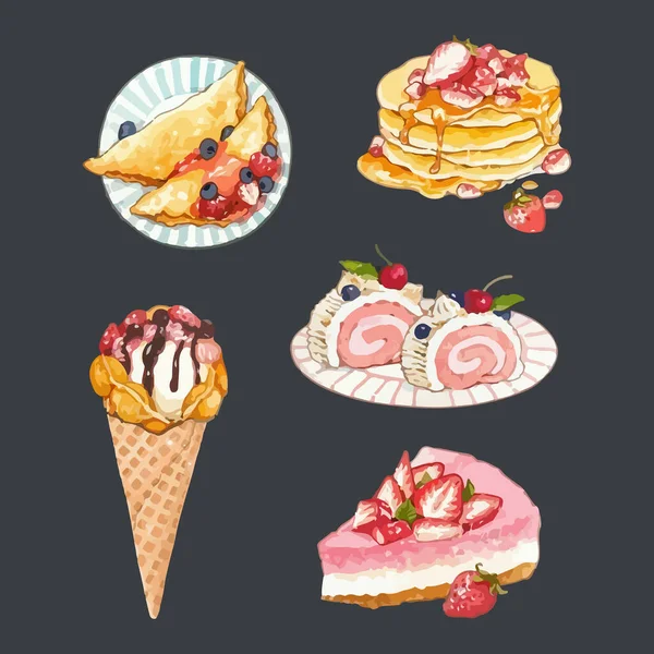 Набор Акварельных Десертов Блинчик Мороженое Торт Векторная Иллюстрация — стоковый вектор