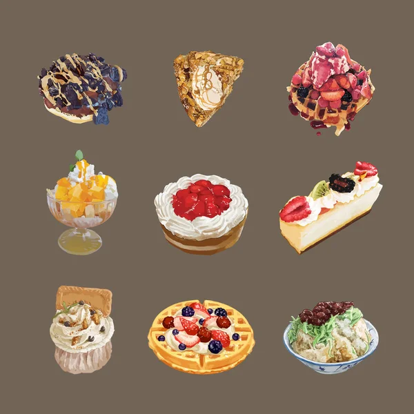 Ensemble Délicieux Bonbons Desserts Avec Illustration Vectorielle Aquarelle — Image vectorielle