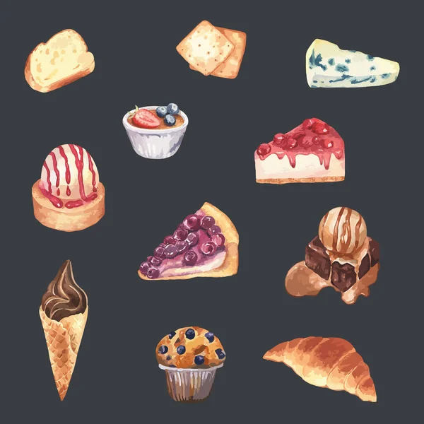 Набор Вкусных Сладостей Десертов Акварельной Векторной Иллюстрацией Мороженое Печенье Крем — стоковый вектор