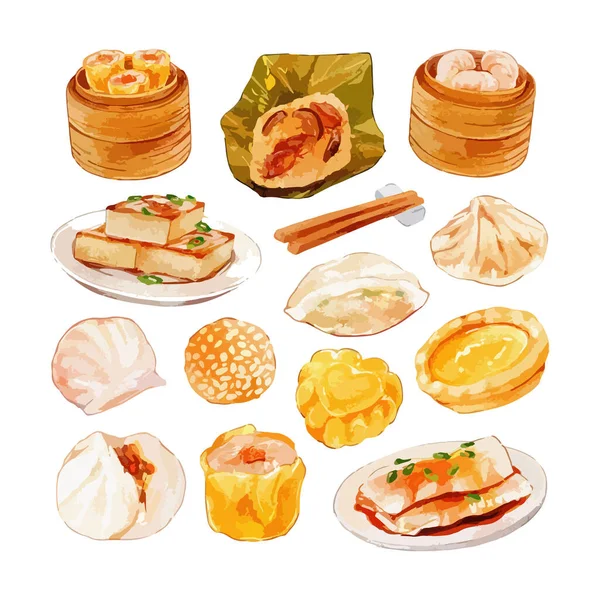 水彩中華料理点心のセット ベクトル手は木製の蒸し器でアジア料理のさまざまなタイプを描きました トップビュー おいしい中国料理 おいしいハルガオ エビ豆カードの皮 ロール — ストックベクタ