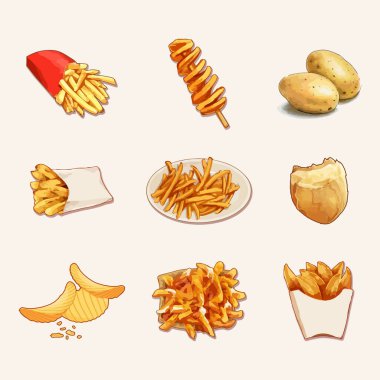 Çiğ patates, patates kızartması, patates kamışı, patates cipsi, kasırga patatesi, kıvrılmış spiral cips. Patates sebze ürünleri, doğranmış ve soyulmuş patates suluboya vektör çizimi.
