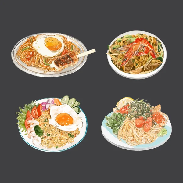 揚げ麺のセット ゴレン 水彩手描きイラスト — ストックベクタ