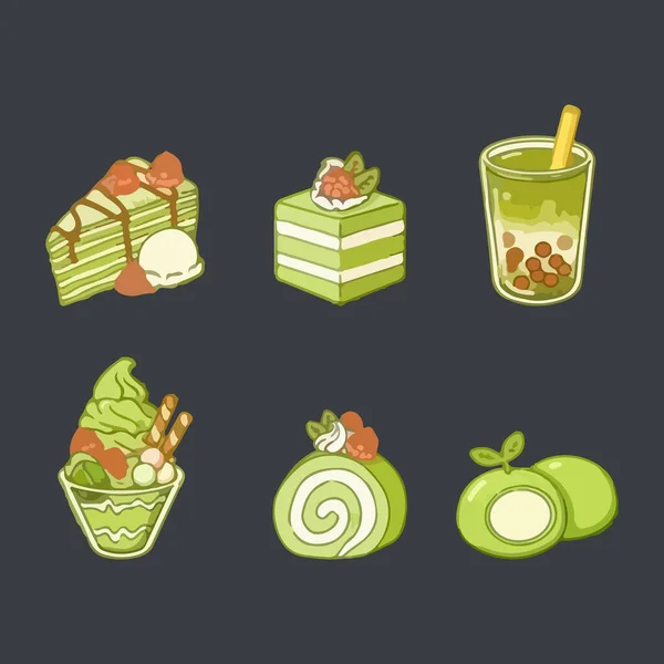 Set Von Grünen Matcha Desserts Handgezeichnete Vektorillustration Symbolbild — Stockvektor