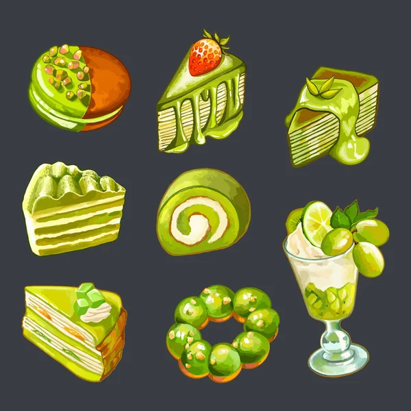 Set Green Matcha Desserts Hand Drawn Watercolor Vector Illustration — Stock Vector