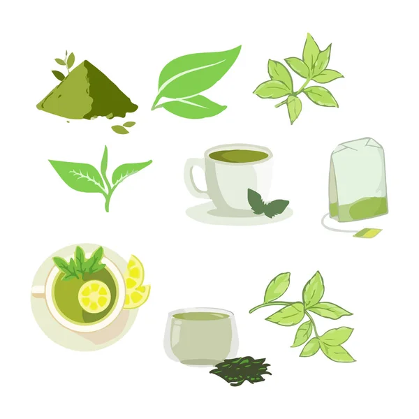 Green Tea Powder Green Tea Leaves Cup Green Tea Green — Stock Vector
