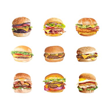 Suluboya biçim vektör illüstrasyonunda hamburger kümesi