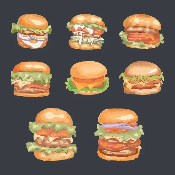 Sada Hamburgerů Akvarelovém Stylu Vektorové Ilustrace — Stockový vektor