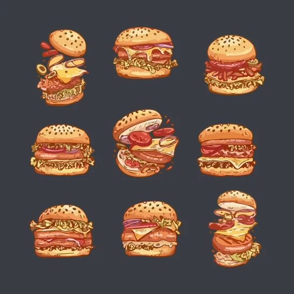 Набір Гамбургерів Акварельному Стилі Векторні Ілюстрації — стоковий вектор
