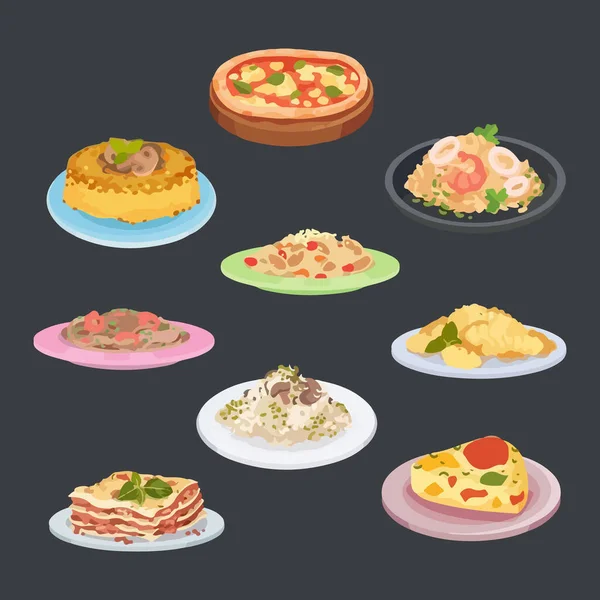 Итальянские Пищевые Элементы Изолированный Набор Комплект Традиционных Блюд Пицца Лазанья — стоковый вектор