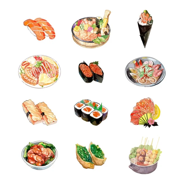 Set Acuarela Japonesa Alimentación Vector Ilustración — Vector de stock