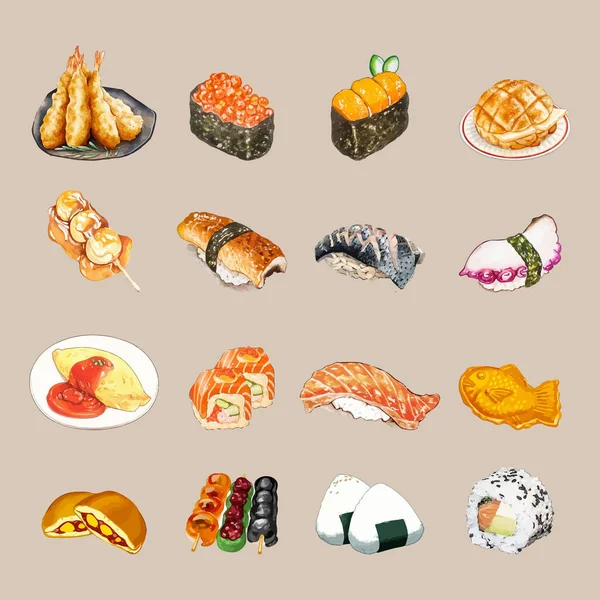 Набір Акварельних Японських Продуктів Харчування Векторні Ілюстрації — стоковий вектор