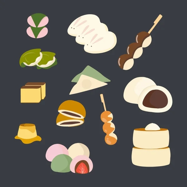 Cute Japanese Dessert Icons Vector Illustration — Stock Vector