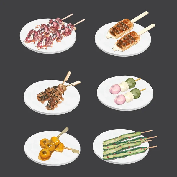 食べくらべ リダコ 焼き餅 焼き鳥 手描き水彩ベクトルイラスト — ストックベクタ