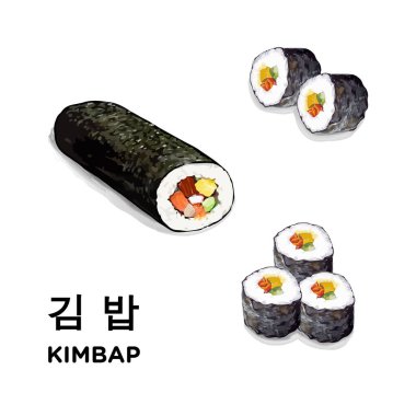Kimbap (yosun pirinç rulosu). Kore suşi rulosu. Suluboya el çizimi çizimi.