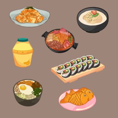 Geleneksel Kore Gıda Suluboya Vektör İllüstrasyonu.