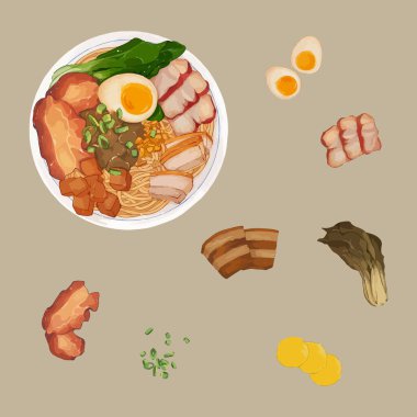 Beyaz arkaplanda ramen ve malzemelerin suluboya çizimi.
