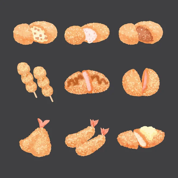 Картофельные Крокеты Куриные Кацу Темпура Векторная Иллюстрация Ручной Работы — стоковый вектор