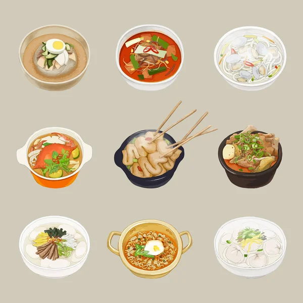 Παραδοσιακά Κορεάτικα Πιάτα Vector Watercolor Εικονογράφηση — Διανυσματικό Αρχείο