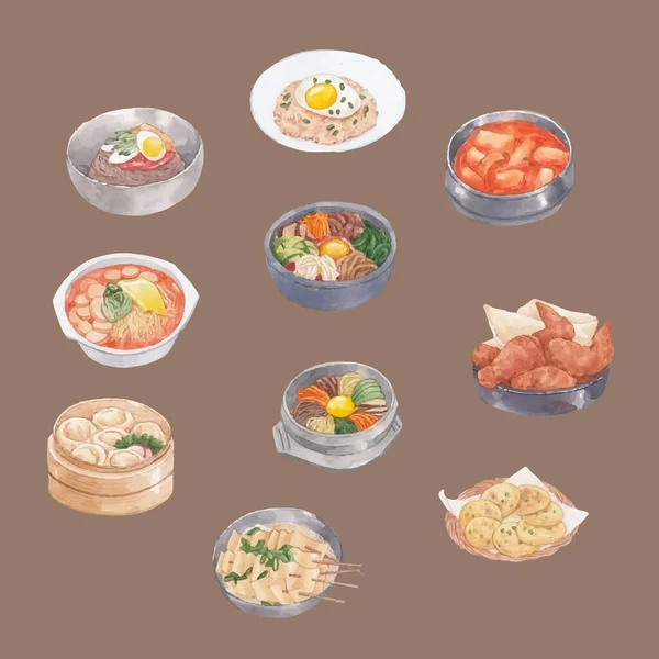 Традиційні Корейські Dishes Vector Watercolor Illustration — стоковий вектор