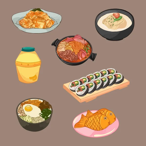 Set Traditional Korean Food Watercolor Vector Illustration - Stok Vektor