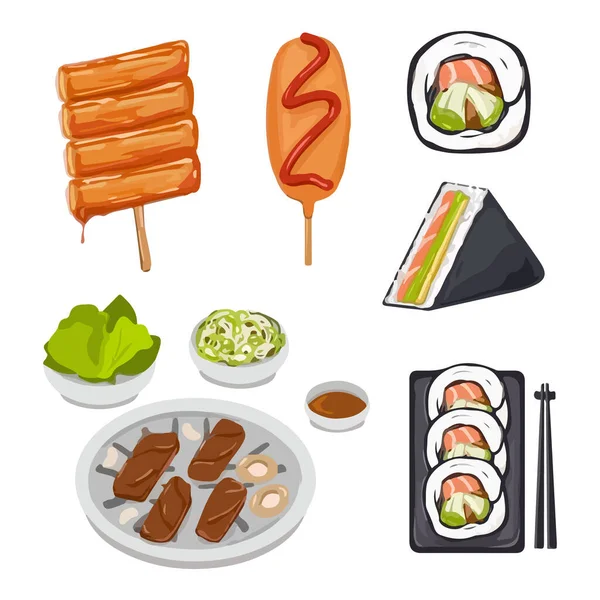 Conjunto Tradicional Coreano Food Watercolor Vector Ilustração — Vetor de Stock