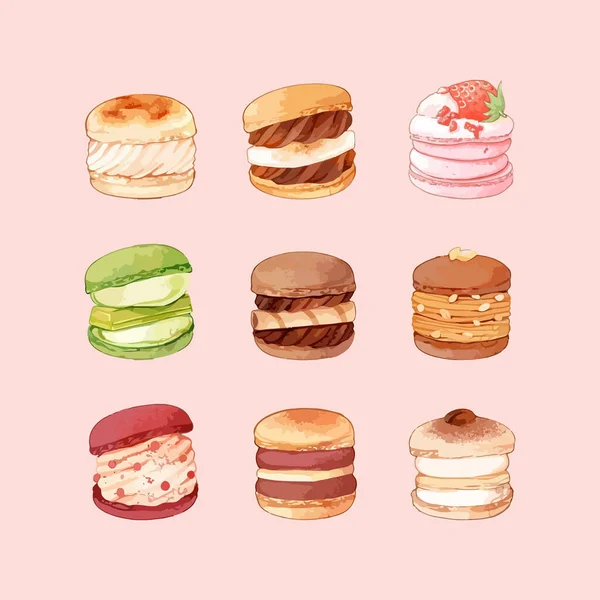 Set Macaroons Different Flavors Fillings Hand Drawn Watercolor Vector Illustration — Stock Vector