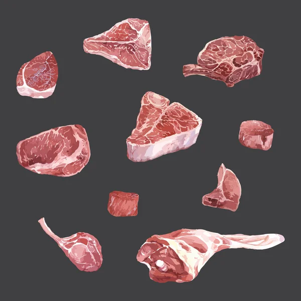 Impostare Diversi Tagli Carni Crude Acquerello Vettoriale Illustrazione — Vettoriale Stock