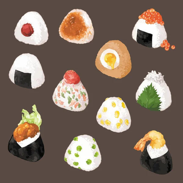 Σετ Από Διαφορετικές Ιαπωνικές Μπάλες Ρυζιού Hiragana Λέξη Σημαίνει Onigiri — Διανυσματικό Αρχείο