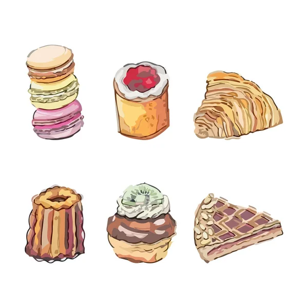 Set Pastries Watercolor Style Vector Illustration — Stock Vector