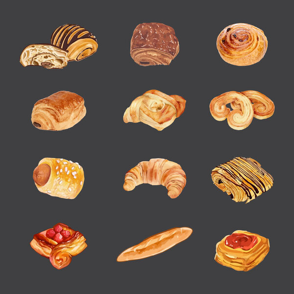 Set of pastries in watercolor style vector illustration