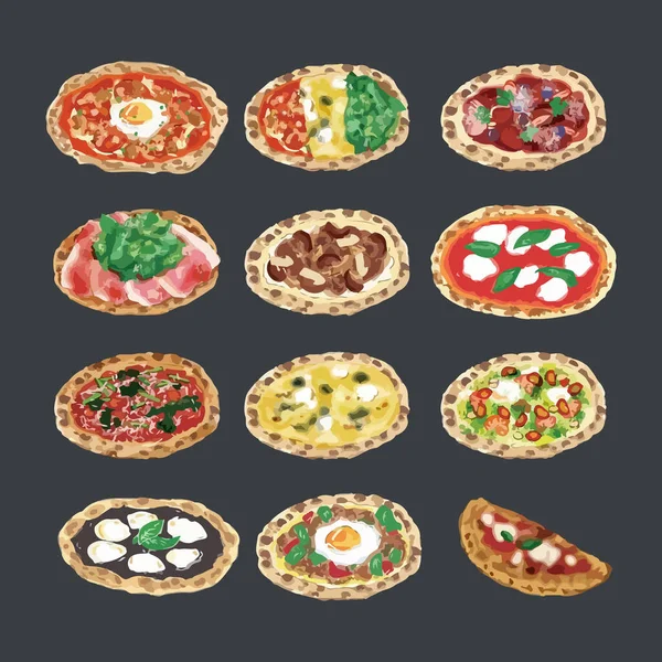 Pizza Stel Verschillende Menu Geïsoleerd Achtergrond Gebruik Voor Ontwerp Poster — Stockvector