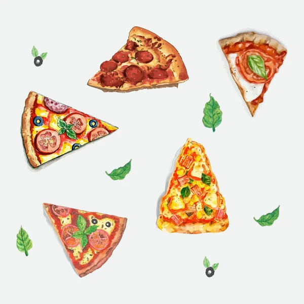 Pizza Fette Vettoriali Con Pomodoro Formaggio Basilico Salame Fondo Bianco — Vettoriale Stock
