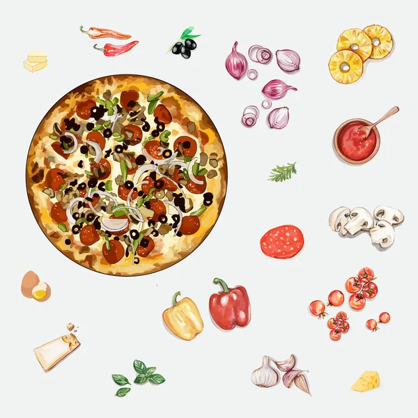 Illustrazione Acquerello Del Set Illustrazione Pizza Ingredienti Disegnato Mano Fast — Vettoriale Stock