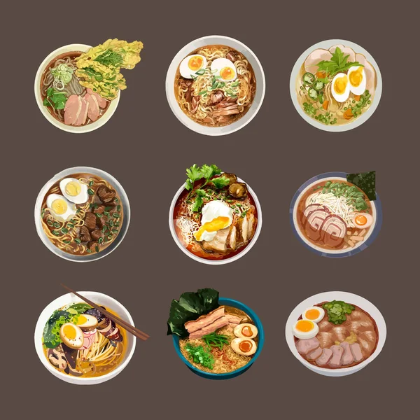牛肉拉面碗 肉片和蔬菜 水彩图 — 图库矢量图片