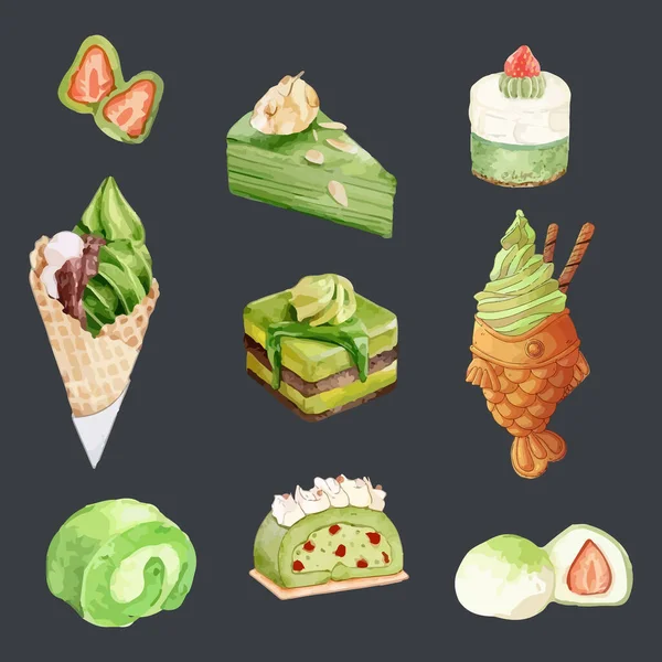 Set Green Matcha Desserts Cake Vorhanden Aquarell Handgezeichnete Vektorillustration — Stockvektor