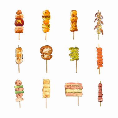 Karides satay, istiridye, bıldırcın yumurtası, tavuk ve bağırsak satay gibi çeşitli satay türleri angkringan için özel menülerdir. El çizimi suluboya vektör çizimi