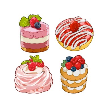 Çilekli pasta seti. Suluboya el çizimi vektör çizimi.